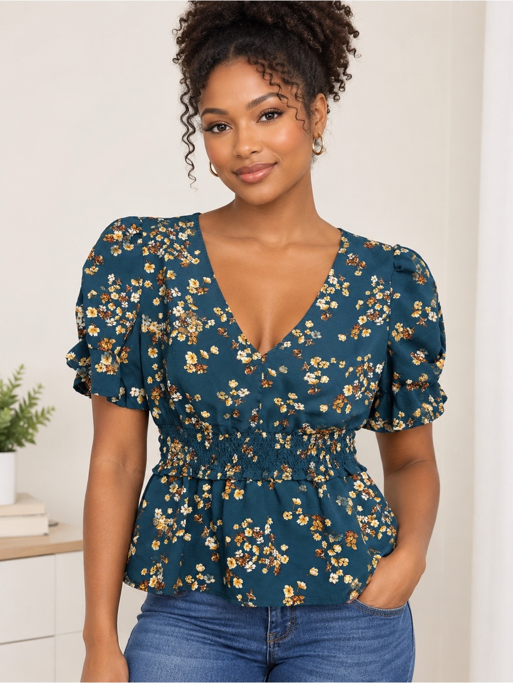 Rabbit Rose Floral Smocked Peplum Top M